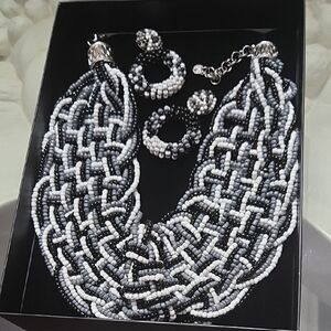 Elegant Black and White Beaded Necklace and Earring Set